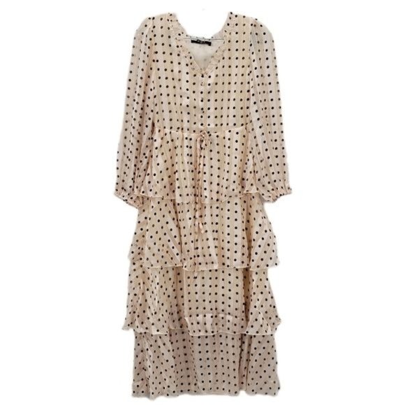 OPT Free People Tiered Dress Ivory Black Polka Dot Metallic Stripe - Picture 3 of 13